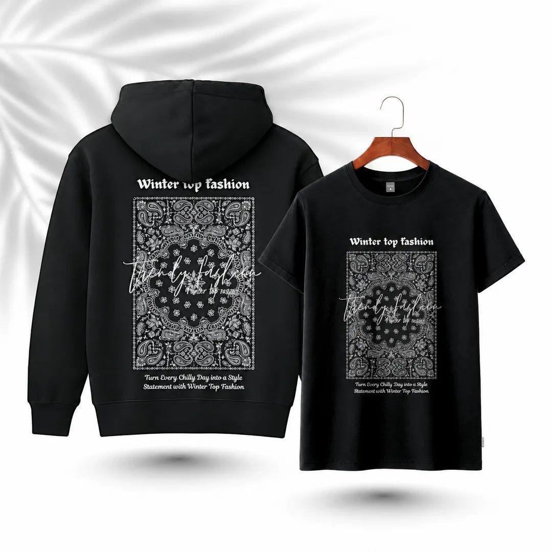 Black paisley graphic hoodie and matching T-shirt combo
